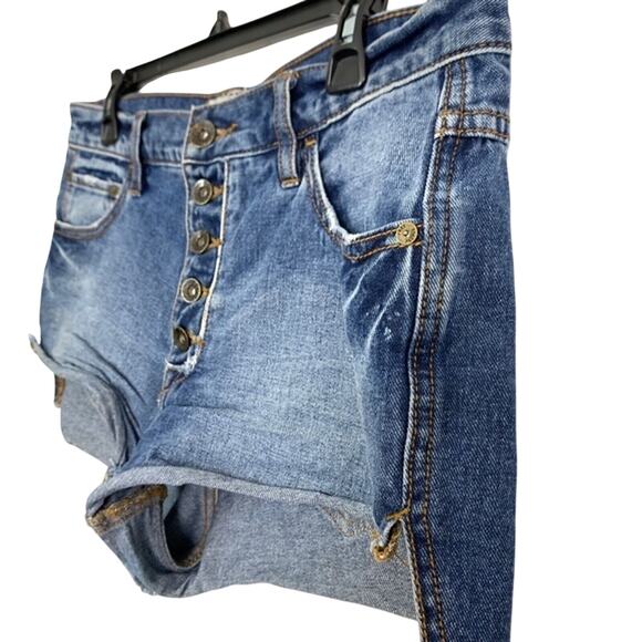 Free People Women's Blue Raw Hem Cut Offs High Rise Button Fly Jean Shorts sz 28 - Picture 10 of 16